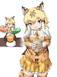Rule 34 | 1girl, animal ears, animal print, blender (object), blonde hair, blue eyes, blush, chips (food), collared shirt, commentary request, cowboy shot, cup, elbow gloves, fangs, food, frilled skirt, frills, gloves, highres, kemono friends, long hair, looking at viewer, multiple views, necktie, open mouth, orange shirt, plaid, plaid necktie, plaid skirt, pleated skirt, print gloves, print thighhighs, puffy short sleeves, puffy sleeves, shirt, short sleeves, sidelocks, skirt, smilodon (kemono friends), soda bottle, solo, tail, thighhighs, tiger ears, tiger print, tiger tail, two-tone shirt, uf34a, white hair, white shirt, yellow necktie, yellow skirt, zettai ryouiki