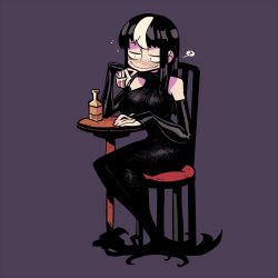 Rule 34 | 1girl, bare shoulders, black dress, black gloves, black hair, blush, bottle, breasts, chair, closed mouth, cup, dress, drinking glass, drunk, elbow gloves, fingerless gloves, gloves, highres, holding, holding cup, large breasts, long dress, long hair, multicolored hair, musical note, noss (rariatto), original, purple background, rariatto (ganguri), sanpaku, shot glass, simple background, sitting, smile, solo, spoken musical note, streaked hair, table, wavy mouth, wide face