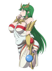 1girl ass_support belly blush breasts dress fat fat_woman from_side green_eyes green_hair hair_behind_ear highres holding holding_staff jewelry karaage53ko kid_icarus kid_icarus_uprising large_breasts long_hair necklace nintendo palutena plump simple_background solo staff thighhighs vambraces very_long_hair white_background white_dress white_thighhighs