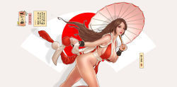 Rule 34 | 1girl, bare shoulders, breasts, brown eyes, brown hair, cleavage, fatal fury, fei teng, female focus, highres, holding, holding umbrella, large breasts, legs, long hair, matching hair/eyes, ninja, oil-paper umbrella, pelvic curtain, red lips, revealing clothes, rope, shiranui mai, sideboob, smile, snk, snk heroines: tag team frenzy, solo, the king of fighters, thighs, translation request, umbrella, wrist cuffs