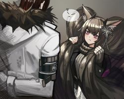 Rule 34 | 1boy, 1girl, :t, animal ear fluff, animal ears, arknights, arms behind back, blush, fingerless gloves, fkskii65, fur-trimmed hood, fur trim, gloves, gnosis (arknights), grey background, grey gloves, grey sweater, hands up, height difference, holding, holding own hair, hood, hood down, hooded jacket, jacket, kjerag logo, long hair, long sleeves, looking at another, monch (arknights), purple eyes, red hair, ribbed sweater, simple background, spoken expression, sweater, twintails, very long hair, white gloves, white jacket
