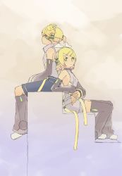 Rule 34 | 1boy, 1girl, absurdres, bad id, bad twitter id, bare shoulders, belt, black shorts, black sleeves, blonde hair, bow, breasts, commentary, d futagosaikyou, detached sleeves, from side, full body, green eyes, hair bow, hair ornament, hairclip, highres, kagamine len, kagamine len (append), kagamine rin, kagamine rin (append), leg warmers, light smile, looking to the side, shirt, short hair, short ponytail, shorts, sideways glance, sitting, sleeveless, sleeveless shirt, small breasts, spiked hair, stairs, swept bangs, vocaloid, tda model (mikumikudance), vocaloid append, white bow, white shirt