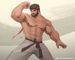 Rule 34 | 1boy, abs, absurdres, armpit peek, bara, beard, biceps, facial hair, feet out of frame, flexing, headband, highres, large pectorals, legs apart, looking to the side, male focus, martial arts belt, mature male, mr samoye, muscular, muscular male, mustache, navel, nipples, pectorals, red headband, ryu (street fighter), short hair, solo, street fighter, street fighter 6, strongman waist, thick eyebrows, topless male