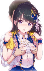 Rule 34 | 1boy, 1girl, absurdres, bad id, bad pixiv id, black hair, blue eyes, blush, grabbing another&#039;s breast, breasts, commentary request, cowboy shot, crown, faceless, faceless male, falsify, grabbing, grabbing from behind, groping, highres, idolmaster, idolmaster shiny colors, kazano hiori, long hair, medium breasts, mini crown, mole, mole under mouth, open mouth, ponytail, producer (idolmaster), see-through, simple background, solo focus, star (symbol), sweat, white background