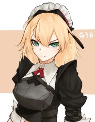 Rule 34 | 1girl, absurdres, armor, blonde hair, character name, closed mouth, g36 (girls&#039; frontline), g36 (mod3) (girls&#039; frontline), girls&#039; frontline, green eyes, hair between eyes, highres, long hair, looking at viewer, maid, maid headdress, mod3 (girls&#039; frontline), ozeu0916, serious, solo, upper body