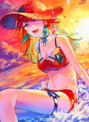Rule 34 | 1girl, adapted costume, beach, bikini, breasts, cleavage, hat, highres, hololive, hololive english, looking at viewer, medium breasts, navel, ocean, open mouth, purple eyes, sainome (imveryfinethx), sitting, solo, sun hat, sunset, swimsuit, takanashi kiara, thigh strap, virtual youtuber
