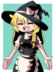 Rule 34 | 1girl, :d, absurdres, apron, black hat, black skirt, black vest, blonde hair, blue background, blush stickers, bow, braid, breasts, closed eyes, commentary request, cookie (touhou), cowboy shot, hair between eyes, hair bow, hat, hat bow, highres, kirisame marisa, long hair, medium bangs, open mouth, red bow, shirt, short sleeves, side braid, simple background, single braid, skirt, skirt set, small breasts, smile, solo, suzu (cookie), sznkrs, teeth, touhou, turtleneck, two-tone background, upper teeth only, vest, waist apron, white apron, white background, white bow, white shirt, witch hat
