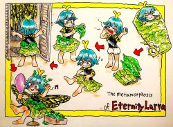 Rule 34 | 1girl, alarm clock, antennae, aqua hair, arrow (symbol), barefoot, beamed eighth notes, bloomers, brown eyes, butterfly wings, character name, clock, closed eyes, closed mouth, english text, eternity larva, fairy, fake wings, green skirt, hair between eyes, holding, holding mirror, insect wings, leaf, leaf on head, mirror, morisshii (morishiey), multiple views, musical note, nose bubble, open mouth, short hair, short sleeves, skirt, sleeping, smile, touhou, underwear, white bloomers, wings, yawning