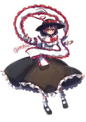 Rule 34 | 1girl, absurdres, ascot, black footwear, black hat, black skirt, bow, breasts, capelet, commentary, frilled capelet, frilled shawl, frilled skirt, frills, hat, hat bow, highres, long sleeves, looking at viewer, medium breasts, nagae iku, one-hour drawing challenge, purple hair, red ascot, red bow, red eyes, renshirenji, shawl, shirt, short hair, short sleeves, simple background, skirt, socks, solo, touhou, white background, white capelet, white shirt, white socks