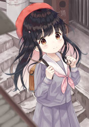 Rule 34 | 1girl, backpack, bag, beret, black hair, blurry, blurry foreground, blush, brown eyes, closed mouth, commentary request, day, depth of field, grey serafuku, grey shirt, grey skirt, hair ornament, hands up, hat, highres, holding strap, long hair, looking at viewer, mimikaki (men bow), neckerchief, original, outdoors, pink neckerchief, pleated skirt, red hat, sailor collar, school uniform, serafuku, shirt, skirt, smile, solo, stairs, stone stairs, twintails, two side up, white sailor collar