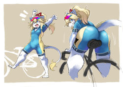 Rule 34 | 1girl, absurdres, animal ears, arms up, ass, bicycle, biker clothes, bikesuit, blonde hair, blue eyes, body fur, bodysuit, border, breasts, cat ears, claws, crotch seam, female focus, from behind, furry, furry female, grin, highres, koishi chikasa, looking back, open mouth, original, ponytail, riding, smile, solo, standing, standing on one leg, sunglasses on head, white border, white fur