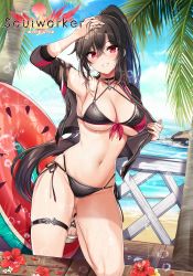 Rule 34 | 1girl, absurdres, arm up, armpits, bare shoulders, bikini, black bikini, black choker, black hair, black jacket, breasts, choker, cleavage, cropped jacket, day, flower, front-tie bikini top, front-tie top, gluteal fold, grin, halterneck, hand on own head, hibiscus, highres, innertube, iris yuma, jacket, large breasts, long hair, long sleeves, looking at viewer, maett, multi-strapped bikini, navel, off shoulder, official art, open clothes, open jacket, outdoors, palm tree, ponytail, red eyes, sandals, side-tie bikini bottom, skindentation, smile, solo, soulworker, stomach, string bikini, swim ring, swimsuit, thigh strap, thighs, tree, very long hair, wet