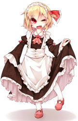 Rule 34 | 1girl, alternate costume, apron, black skirt, blonde hair, blush, clothes lift, curtsey, enmaided, eyebrows, full body, hair ribbon, highres, juliet sleeves, lifting own clothes, long skirt, long sleeves, looking at viewer, maid, maid headdress, mary janes, one eye closed, open mouth, puffy sleeves, red eyes, red footwear, red ribbon, ribbon, rumia, shamo (koumakantv), shoes, simple background, skirt, skirt lift, smile, solo, standing, standing on one leg, touhou, white background, white legwear, wide sleeves