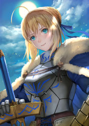 Rule 34 | 1girl, ahoge, armor, armored dress, artoria pendragon (all), artoria pendragon (fate), bad id, bad pixiv id, blonde hair, blue ribbon, board game, braid, breasts, cape, cloud, cloudy sky, commentary request, dutch angle, excalibur (fate/stay night), fate/grand order, fate (series), french braid, fur-trimmed cape, fur trim, gauntlets, go (board game), green eyes, hair bun, hair ribbon, highres, holding, holding sword, holding weapon, maekawa yuichi, moon, night, night sky, ribbon, saber (fate), sidelocks, single hair bun, sky, smile, solo, sword, upper body, weapon