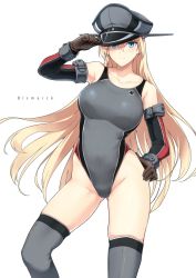 Rule 34 | 1girl, alternate costume, bismarck (kancolle), blonde hair, blue eyes, breasts, collarbone, competition swimsuit, contrapposto, elbow gloves, gloves, gluteal fold, grey one-piece swimsuit, grey thighhighs, hair between eyes, halcon, hand on headwear, hand on own hip, hat, highleg, highleg swimsuit, highres, kantai collection, large breasts, long hair, military hat, one-piece swimsuit, simple background, smile, solo, swimsuit, thighhighs, very long hair, white background