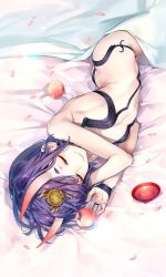 Rule 34 | 1girl, bare shoulders, bed sheet, blush, bob cut, breasts, butt crack, closed eyes, commentary, cup, eyeliner, fate/grand order, fate (series), food, fruit, hair ornament, horns, kaguyuzu, lying, makeup, on side, oni, peach, purple eyes, purple hair, sakazuki, short eyebrows, short hair, shuten douji (fate), signature, skin-covered horns, sleeping, small breasts, smile, solo