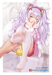 Rule 34 | 1girl, animal ears, artist name, azur lane, bigxixi, collarbone, commentary request, covering own mouth, fake animal ears, feet, foot focus, foreshortening, full body, hair between eyes, hairband, highres, holding another&#039;s foot, jacket, laffey (azur lane), long hair, long sleeves, looking at viewer, manjuu (azur lane), no shoes, off shoulder, one eye closed, pink jacket, pov, purple eyes, rabbit ears, red eyes, red skirt, shirt, sidelocks, sitting, skirt, soles, strap slip, thighhighs, twintails, very long hair, white shirt, white thighhighs