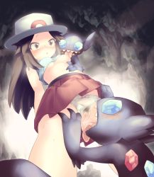 Rule 34 | 1girl, bare shoulders, blue eyes, blue shirt, blush, bow, bow panties, breasts, breath, brown eyes, brown hair, cave, censored, clothes lift, clothing aside, constricted pupils, creatures (company), female focus, from below, game freak, gen 3 pokemon, green (pokemon), hands up, hat, legs apart, licking, long hair, looking up, matching hair/eyes, mosaic censoring, nintendo, nipples, no bra, nose blush, one breast out, open mouth, panties, panties aside, pleated skirt, pokemon, pokemon (creature), pokemon frlg, pubic hair, pussy, pussy juice, red skirt, sableye, saliva, see-through, sharp teeth, shirt, shirt lift, skirt, skirt lift, sleeveless, sleeveless shirt, small breasts, standing, sweat, teeth, tongue, tongue out, underwear, upskirt, white headwear, white panties, yuu (user hhvr3552)
