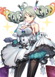 Rule 34 | 1girl, antenna hair, black pantyhose, blonde hair, breasts, cleavage, clothes lift, de la fille, detached sleeves, dress, dress lift, finger to mouth, floating hair, gloves, gradient hair, granblue fantasy, green eyes, green hair, large breasts, layered dress, lifted by self, long hair, looking at viewer, multicolored hair, open mouth, orange hair, pantyhose, print pantyhose, ririko (zhuoyandesailaer), short dress, solo, standing, strapless, strapless dress, very long hair, white background, white dress, white gloves