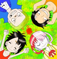 Rule 34 | 1girl, 2022, 3boys, aged down, arms up, asymmetrical sleeves, black hair, closed eyes, closed mouth, facial scar, freckles, from above, grass, hair over one eye, highres, laohaibin, long hair, lying, monkey d. luffy, multicolored hair, multiple boys, on back, one piece, one piece film: red, portgas d. ace, sabo (one piece), scar, scar on cheek, scar on face, short hair, smile, two-tone hair, uta (one piece)