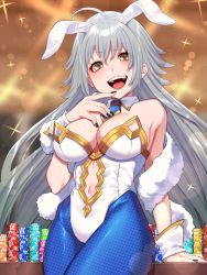 Rule 34 | 1girl, ahoge, animal ears, artoria pendragon (all), artoria pendragon (fate), artoria pendragon (swimsuit ruler) (fate), artoria pendragon (swimsuit ruler) (fate) (cosplay), bare shoulders, black nails, blue necktie, blue pantyhose, breasts, casino, cleavage, clothing cutout, commentary, cosplay, cowboy shot, detached collar, eyelashes, fake animal ears, fate/grand order, fate (series), fur scarf, hair between eyes, highres, jeanne d&#039;arc (fate), jeanne d&#039;arc alter (avenger) (fate), jeanne d&#039;arc alter (fate), lens flare, leotard, long hair, looking at viewer, medium breasts, midriff, mikan (chipstar182), nail polish, navel, navel cutout, necktie, open mouth, pantyhose, playboy bunny, poker chip, rabbit ears, raised eyebrow, short necktie, silver hair, solo, sparkle, teeth, tongue, white leotard, wrist cuffs, yellow eyes