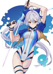 Rule 34 | 1girl, absurdres, arms up, blue bow, blue jacket, blue one-piece swimsuit, blush, bow, breasts, closed mouth, competition swimsuit, dual wielding, energy sword, fate/grand order, fate (series), hair between eyes, hair bow, highleg, highleg swimsuit, highres, holding, jacket, jikatarou, large breasts, long hair, looking at viewer, one-piece swimsuit, ponytail, red eyes, short sleeves, silver hair, smile, swimsuit, sword, thigh strap, thighhighs, tomoe gozen (fate), tomoe gozen (swimsuit saber) (fate), tomoe gozen (swimsuit saber) (first ascension) (fate), two-tone swimsuit, very long hair, weapon, white one-piece swimsuit