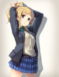 Rule 34 | 10s, 1girl, :&lt;, arms up, ayase eli, blazer, blonde hair, blue eyes, blue skirt, blush, closed mouth, cowboy shot, hair ornament, hair scrunchie, jacket, legs apart, looking at viewer, love live!, love live! school idol project, open clothes, open jacket, parsley-f, plaid, plaid skirt, pleated skirt, ponytail, scrunchie, shadow, sidelocks, skirt, solo, sweater vest, tying hair, wavy hair
