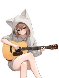 Rule 34 | 1girl, acoustic guitar, ahoge, animal hood, blush, brown eyes, brown hair, brown hoodie, crossed legs, guitar, highres, holding, holding instrument, holocouncil, hololive, hololive english, hood, hood up, hoodie, instrument, looking at viewer, multicolored hair, mummemmim, music, nanashi mumei, nanashi mumei (casual), no pants, oversized clothes, playing instrument, simple background, sitting, smile, solo, virtual youtuber, white background