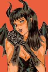 Rule 34 | 1girl, absurdres, black dress, black hair, black hands, black horns, black wings, blue eyes, blunt bangs, colored extremities, commentary, demon girl, dress, fangs, fingernails, hana hana no mi, highres, horns, looking at viewer, medium hair, nico robin, nirelle art, one piece, orange background, pointy ears, sidelocks, simple background, solo, symbol-only commentary, very long fingernails, wings