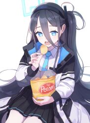 Rule 34 | 1girl, absurdres, aris (blue archive), bag of chips, black hair, black hairband, black jacket, black skirt, blue archive, blue eyes, blue jacket, blue necktie, chips (food), collared shirt, eating, food, hair between eyes, hairband, halo, highres, holding, holding food, jacket, long bangs, long hair, long sleeves, looking at viewer, multicolored clothes, multicolored jacket, necktie, one side up, open clothes, open jacket, open mouth, pleated skirt, potato chips, sakanasana, shirt, simple background, skirt, snack, solo, two-sided fabric, two-sided jacket, very long hair, white background, white jacket, white shirt