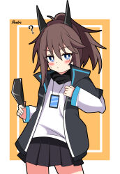 Rule 34 | 1girl, ?, absurdres, arknights, black jacket, black scarf, black skirt, blue eyes, blush, border, brown hair, closed mouth, hair between eyes, hendra, highres, holding, holding mask, horns, id card, inset border, jacket, lanyard, legs apart, long hair, looking at viewer, mask, miniskirt, mole, mole under eye, open clothes, open jacket, orange background, pleated skirt, ponytail, scarf, shirt, sidelocks, signature, simple background, skirt, solo, sweatdrop, thighs, v-shaped eyebrows, white border, white shirt, yato (arknights)