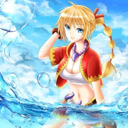 Rule 34 | 1girl, blonde hair, blue eyes, breasts, chrono cross, cleavage, closed mouth, cloud, crop top, gloves, high ponytail, jewelry, kid (chrono cross), knife, kororiya, long hair, looking at viewer, midriff, multi-tied hair, navel, necklace, ponytail, skirt, smile, solo, vest, water
