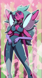 Rule 34 | 1girl, alexandrite (steven universe), blue hair, bodysuit, boots, breasts, colored skin, extra arms, extra mouth, fangs, female focus, forehead jewel, fusion, gloves, highres, large breasts, long hair, luaudrey, pink skin, solo, steven universe, sunglasses, very long hair