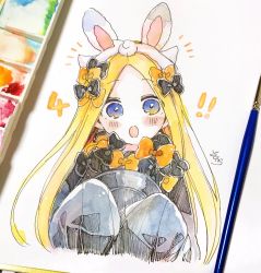 Rule 34 | !, !!, 1girl, :o, abigail williams (fate), animal ears, art tools in frame, black bow, black dress, black hat, blonde hair, blue eyes, blush stickers, bow, cropped torso, dress, fake animal ears, fate/grand order, fate (series), forehead, hair bow, hands up, hat, highres, holding, holding clothes, holding hat, long hair, long sleeves, open mouth, orange bow, parted bangs, photo (medium), rabbit ears, signature, sleeves past fingers, sleeves past wrists, sofra, solo, traditional media, unworn hat, unworn headwear, upper body, very long hair