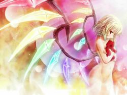 Rule 34 | 1girl, blonde hair, duplicate, english text, female focus, flandre scarlet, from side, gradient background, highres, nude, red eyes, scarlet (studioscr), short hair, solo, touhou, wallpaper, wings