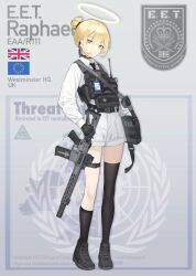 1girl absurdres ammunition assault_rifle asymmetrical_legwear bag belt black_belt black_footwear black_gloves black_necktie black_socks black_thighhighs blonde_hair boots brown_eyes buckle bulletproof_vest character_name closed_mouth clothes_writing collar commentary cross cross-laced_footwear earpiece emblem english_commentary english_text eotech european_union_flag first_aid_kit flip-up_sight full_body gloves gun hair_bun hair_tie halo highres holding holding_bag holding_gun holding_weapon id_card jerry_wang lace-up_boots load_bearing_vest long_sleeves m4_carbine magazine_(weapon) muzzle_device necktie optical_sight original orthodox_cross patch rifle satchel shirt short_hair shorts sidelocks sign simple_background skindentation socks solo standing strap tactical_clothes thigh_strap thighhighs thighs uneven_legwear union_jack united_kingdom walkie-talkie warning_sign weapon white_collar white_shirt white_shorts yellow_halo zipper_pull_tab