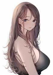 Rule 34 | 1girl, amane ruri, blue eyes, breasts, brown hair, closed mouth, highres, large breasts, lips, long hair, looking at viewer, original, shirt, simple background, sleeveless, sleeveless shirt, solo, upper body, white background, white shirt