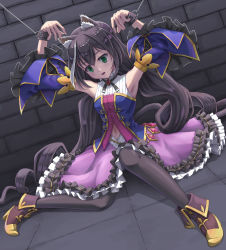 Rule 34 | 1girl, absurdly long hair, animal ear fluff, animal ears, armpits, arms up, bare shoulders, black hair, black pantyhose, black tail, boots, brick wall, brooch, brown footwear, buckle, cat ears, cat girl, cat tail, commentary request, crying, crying with eyes open, cuffs, detached sleeves, dress, facing viewer, foot out of frame, frilled dress, frilled sleeves, frills, gem, green eyes, grey background, highres, jewelry, karyl (princess connect!), leshade entis, long hair, looking down, low twintails, multicolored clothes, multicolored dress, multicolored hair, navel, on floor, open mouth, pantyhose, princess connect!, purple sleeves, restrained, sleeveless, sleeveless dress, solo, streaked hair, tail, tears, tile floor, tiles, twintails, two-tone hair, very long hair, white hair, wide sleeves