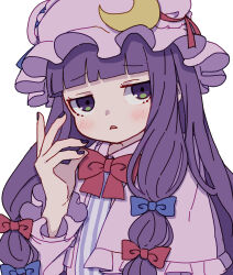 Rule 34 | 1girl, absurdres, blue bow, blush, bow, crescent, crescent hat ornament, dress, fingernails, hair bow, hat, hat ornament, highres, kame (kamepan44231), long hair, long sleeves, mob cap, nail polish, one-hour drawing challenge, open mouth, patchouli knowledge, purple dress, purple eyes, purple hair, purple hat, purple nails, red bow, simple background, solo, touhou, triangle mouth, upper body, white background