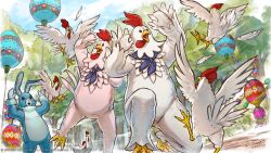 Rule 34 | 3others, animal costume, balloon, bird, chicken, cosplay, dated, final fantasy, final fantasy xiv, flying sweatdrops, full body, hands up, highres, kigurumi, multiple others, official art, okamoto koudai, open mouth, outdoors, rabbit costume, signature, tree