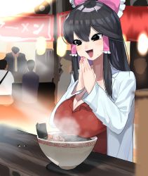Rule 34 | 1girl, 3boys, black eyes, black hair, blush, bow, breasts, bug, character request, cleavage, commentary request, cookie (touhou), firefly, food, hair bow, hakurei reimu, highres, insect, koiso usu, lab coat, large breasts, looking at food, looking down, manatsu no yo no inmu, multiple boys, nail polish, necktie, noodles, nori (seaweed), open mouth, own hands together, pink bow, pink nails, pork, ramen, red shirt, shinonome (cookie), shirt, short hair, smile, solo focus, steam, tanioka (inmu), touhou, upper body, white shirt, yajuu senpai, yellow necktie