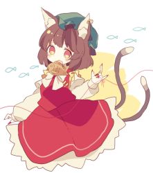 Rule 34 | 1girl, animal ears, bad id, bad twitter id, brown hair, cat ears, cat tail, chen, daizu (melon-lemon), earrings, fingernails, food, hat, jewelry, multiple tails, nekomata, short hair, simple background, solo, string, string of fate, tail, taiyaki, touhou, two tails, wagashi
