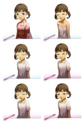 Rule 34 | 1girl, absurdres, blush, brown eyes, brown hair, closed eyes, concept art, gradient background, highres, looking at viewer, official art, persona, persona 4, text focus, towel, translation request