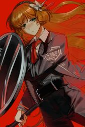 Rule 34 | 1girl, black jacket, black pants, black vest, bow, closed mouth, green eyes, hair bow, highres, holding, holding mace, holding shield, ishmael (project moon), jacket, limbus company, lobpoint 72, long hair, long sleeves, looking at viewer, necktie, orange hair, pants, project moon, red background, red necktie, shield, simple background, solo, vest, white bow