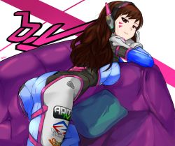 Rule 34 | 1girl, ass, bodysuit, breasts, brown hair, cafekun, couch, d.va (overwatch), facial mark, headphones, highres, long hair, looking at viewer, looking back, mecha, medium breasts, meka (overwatch), overwatch, overwatch 1, pillow, pink eyes, robot, solo, whisker markings