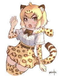 Rule 34 | 10s, 1girl, animal ears, blonde hair, bow, bowtie, breast pocket, brown bow, brown bowtie, claw pose, elbow gloves, fur collar, gloves, hand up, high-waist skirt, jaguar (kemono friends), jaguar print, kemono friends, legs together, looking at viewer, pocket, shirt, short hair, signature, simple background, skirt, slit pupils, solo, tail, thighhighs, umiroku, upper body, white background, white shirt, yellow eyes