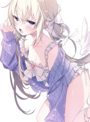 Rule 34 | 1girl, blonde hair, blue eyes, breasts, cleavage, collarbone, dress, emia (castilla), frilled dress, frills, hair between eyes, hair ornament, hair ribbon, hand up, highres, long hair, long sleeves, looking at viewer, nail, open clothes, open mouth, original, pointy ears, ribbon, seiza, sharp teeth, simple background, sitting, solo, sweater, teeth, thighs, twintails, white background, wings
