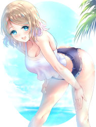 Rule 34 | 10s, 1girl, bad id, bad pixiv id, blue eyes, blush, breasts, brown hair, camisole, large breasts, leaning forward, looking at viewer, love live!, love live! sunshine!!, md5 mismatch, open mouth, ponytail korosuke, short hair, smile, solo, watanabe you