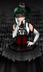 Rule 34 | 1girl, 3:, alternate costume, aoshima, argyle, argyle background, argyle clothes, bare shoulders, black dress, blue eyes, brooch, cleavage cutout, clothing cutout, corset, cowboy shot, crown, dress, elbow gloves, gloves, gothic lolita, green hair, hand on own cheek, hand on own face, hat, highres, jewelry, layered dress, lipstick, lolita fashion, makeup, mini hat, pantyhose, shiki eiki, showgirl skirt, solo, touhou, veil, white gloves