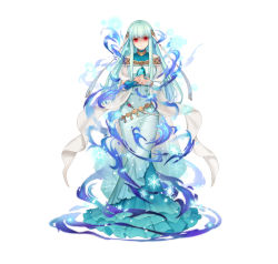 Rule 34 | 1girl, absurdres, aqua hair, aura, belt, breasts, closed mouth, commentary request, covered collarbone, dark aura, dress, fire emblem, fire emblem: the blazing blade, fire emblem heroes, full body, glowing, glowing eyes, gradient clothes, hair ornament, highres, holding, konfuzikokon, long dress, long hair, medium breasts, ninian (fire emblem), nintendo, official art, red eyes, simple background, snowflakes, solo, standing, stone, turtleneck, white background